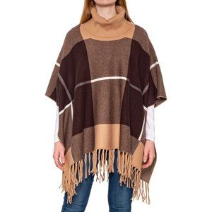NEW House of Harlow 1960 Fringed Pattern Poncho Coffee Bean/Cashew/Ivory  166sn